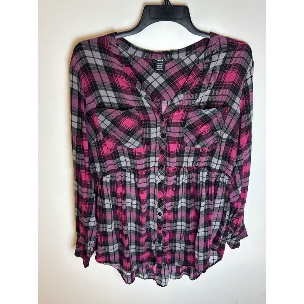 Torrid Plus Size Plaid Emma Babydoll Challis Button Front Tunic Blouse Size 2